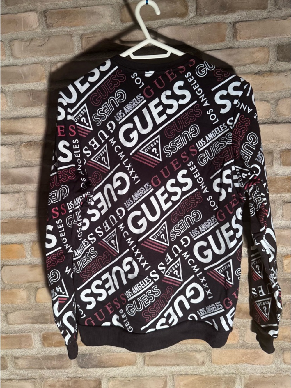 GUESS Black and Burgundy All-Over Logo Crewneck Sweater